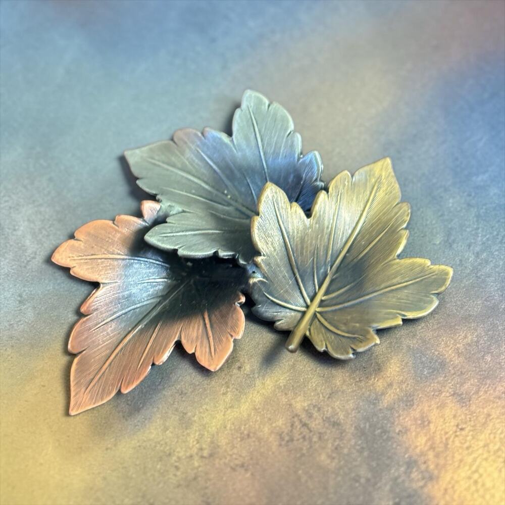 Vintage Triple Leaf Brooch Mixed Metal Copper Silver Gold Tone Dimensional Pin
